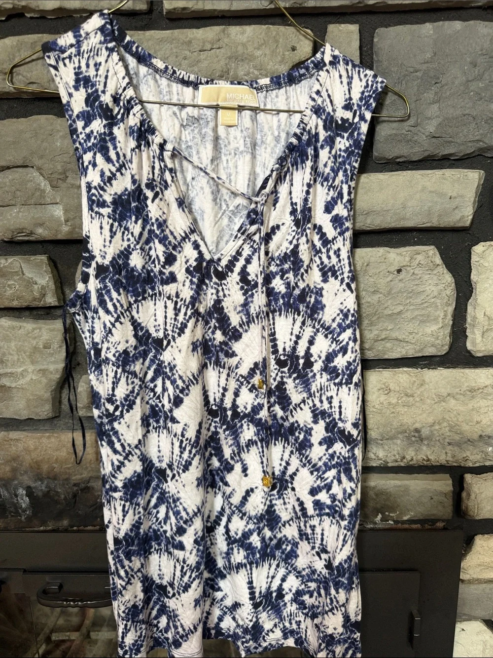 Michael Kors Navy and White Tie-Dye V-Neck Sleeveless Tank